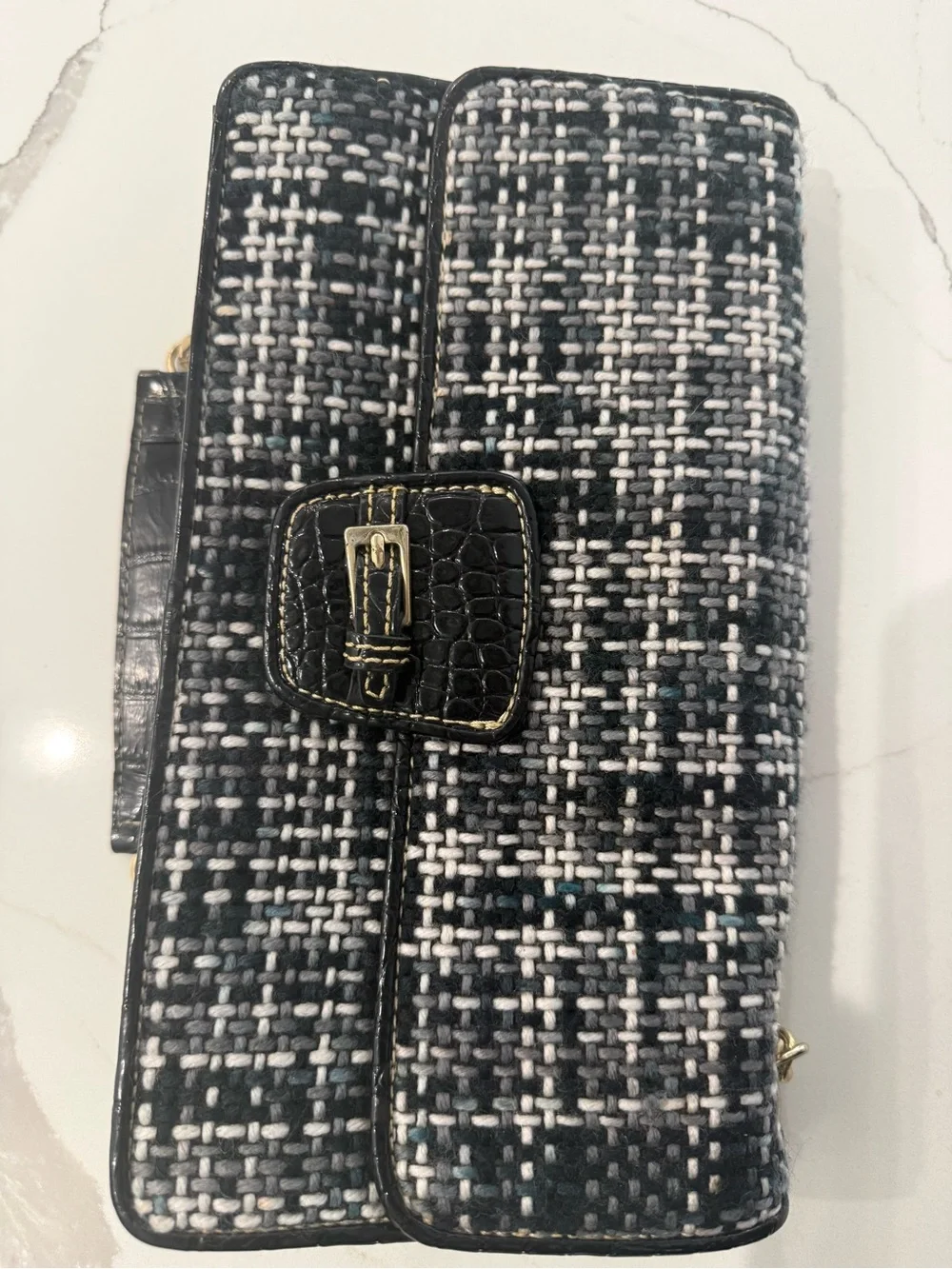 Liz Claiborne Black and White Tweed Shoulder Bag with Gold Chain